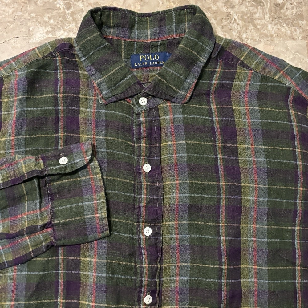 Polo Ralph Lauren Shirt Mens XL Tartan Plaid 100% Linen Long Sleeve Button